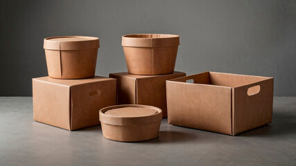 Different shapes of cardboard boxes on a gray background