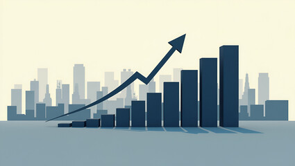 3d Flat icon as Silhouette of a warehouse and a rising bar graph symbolizing growth profit in double exposure with copy space. concept as A silhouette of a warehouse intertwined with a rising bar grap