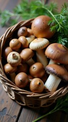 Close-up of raw edible mushrooms in a country-style wicker basket, ideal for cooking or farm-to-table food concepts.