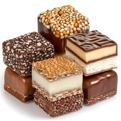 Assorted layered chocolate candies with crispy and creamy textures isolated on white background. Studio food photography. Confectionery and dessert snack concept. Design for poster, banner, print