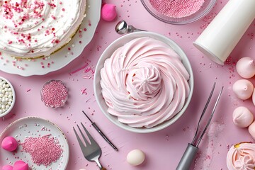 Bowl of pink whipped cream surrounded by decorating tools, cake, sprinkles and sweets on pink background. Flat lay food photography. Baking and dessert preparation concept. Design for poster, banner