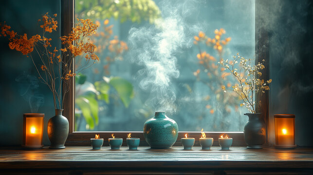 Chinese meditation zen, aromatic smoke, candles with smoke, spiritual relaxation, mindfulness