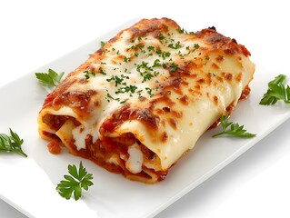 Baked cannelloni pasta with meat filling, tomato sauce and melted cheese served on white plate. Studio food photography. Italian cuisine and homemade dinner concept. Design for poster, banner, print