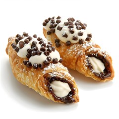 Two Italian cannoli filled with ricotta cream and topped with chocolate chips isolated on white background. Studio food photography. Dessert and pastry concept. Design for poster, banner, print
