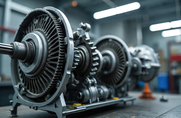 Closeup disassembled auto transmission gear part on workbench at garage. Repair factory station for fix service. Vehicle detail. Complex industrial mechanism.