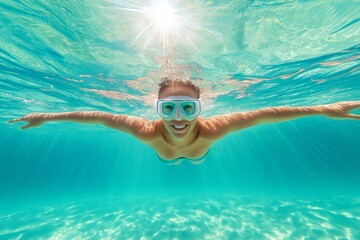 Fototapeta premium Young caucasian female swimming underwater in clear blue tropical ocean with sunlight