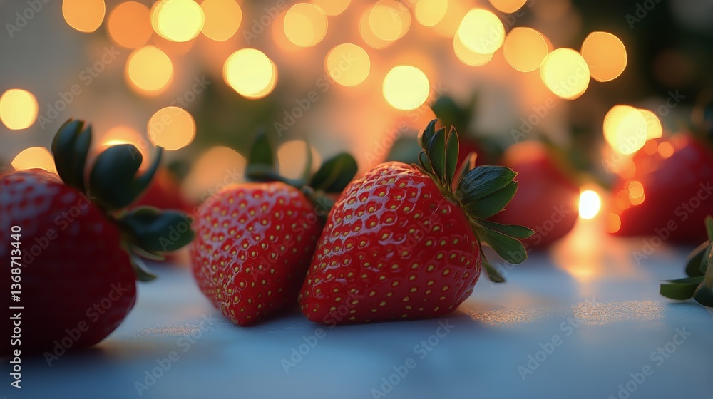 Poster fresh strawberries arranged on soft fabric with warm glowing lights in the background at evening
