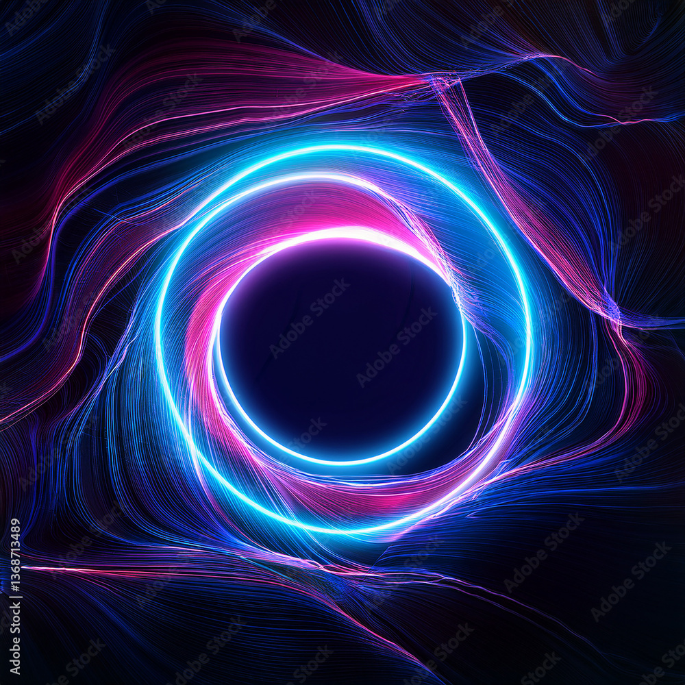 Poster glowing neon circle with twisted fluid shape in dark mystical atmosphere. futuristic and abstract