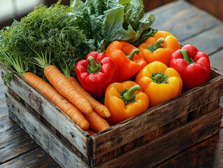 Freshly Harvested Vegetables in Rustic Wooden Crate  