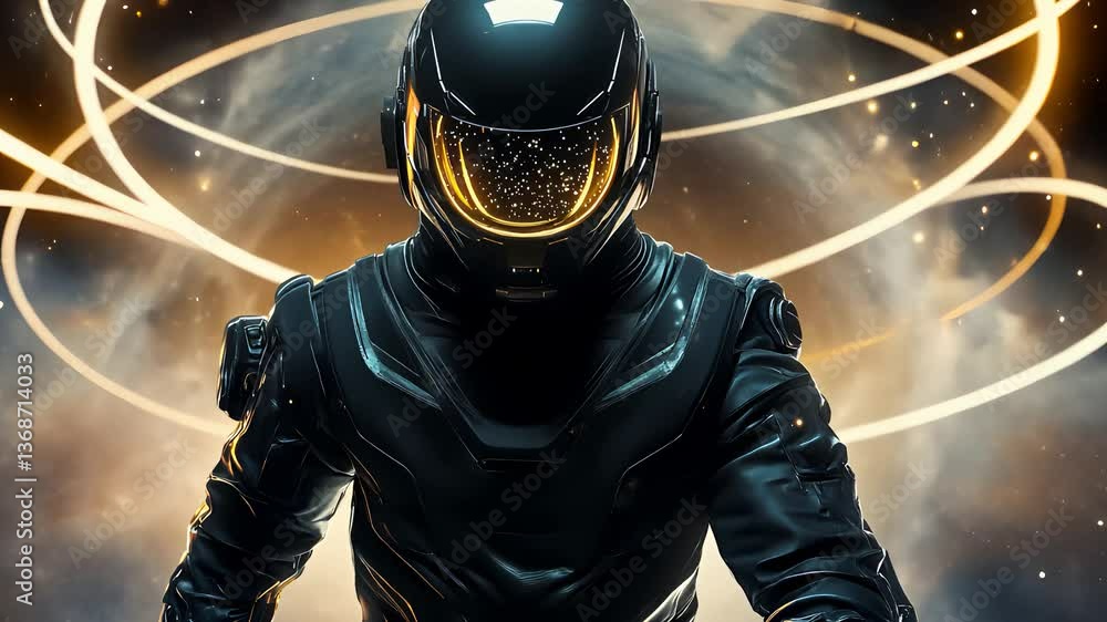 Poster astronaut in space suit with glowing helmet and light trails in cosmic scene