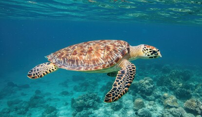 Fototapeta premium Hawksbill sea turtle swimming near coral reef in tropical ocean. Highlights biodiversity and marine conservation.