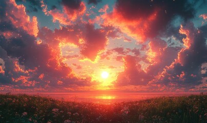 Fototapeta premium Fiery sunset over wildflowers, tranquil ocean view.