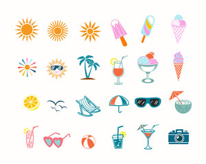 Summer elements and icons with Ice cream, fruits, Cold,  tropical drinks, Sunglasses and Sun