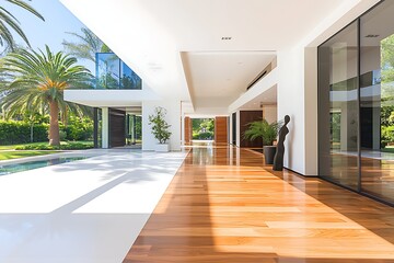 Modern Home Interior with Pool View.