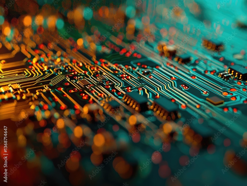 Poster a macro shot of a complex circuit board with intricate pathways, components, and vibrant, eye-catchi