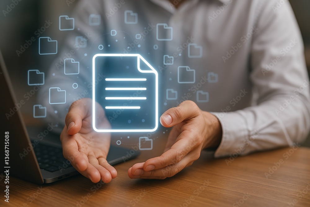 Poster data protection: a man's hands cradle a digital document icon, symbolizing data protection and secur