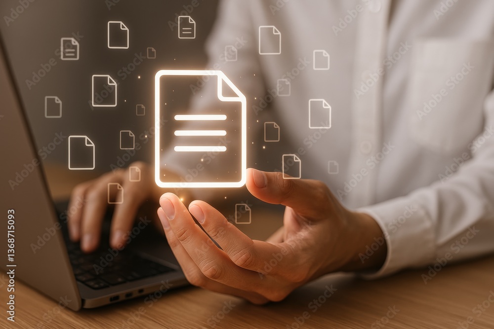 Poster digital document interaction: a person interacts with a digital document on a laptop, with a hologra