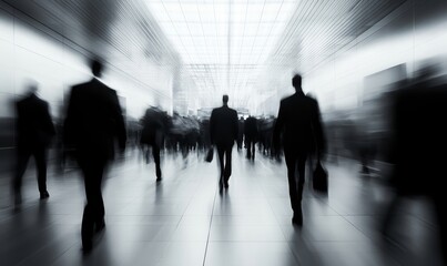 Anonymous business people hurry through trade fair hall