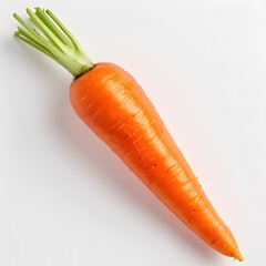 Single whole carrot with green top on white background. Studio food photography. Healthy eating and vegetable diet concept. Design for poster, banner, print, wallpaper. Flat lay composition

