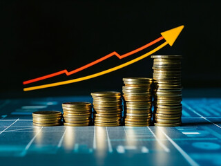 Pile of coins and graph. Management of assets and financial growth.