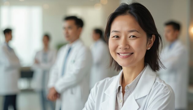 Pro Asian woman smiles in medical environment. Doctor in white coat poses friendly. Smiling healthcare worker looks camera confidently. Team of professionals at clinic. Healthcare, medical, wellness.