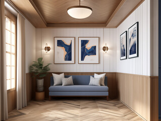 Modern hallway wall panelling in natural wood colors, simple minimalist furniture and artwork on the wall. Hall with wooden wall panels