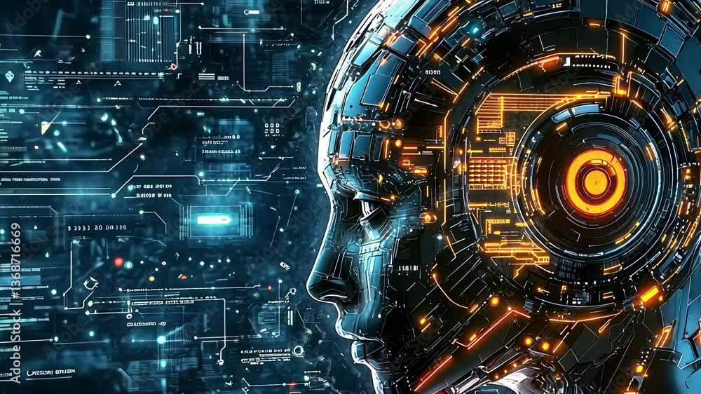 Poster cyborg head technology circuit board digital ai robot face neural network sci-fi machine intelligenc