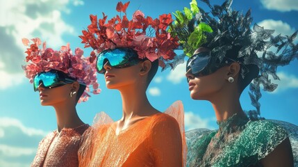 Three women wear futuristic eyewear and elaborate floral headdresses against blue sky