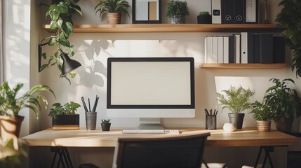 Fototapeta premium a contemporary workspace, a blank square black frame on a textured wall above