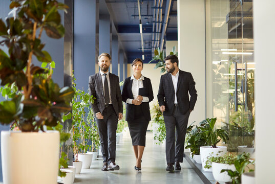 Three business professionals in suits walking through modern office corridor surrounded by green plants. Confident colleagues discussing work, sharing ideas and collaborating in corporate environment.