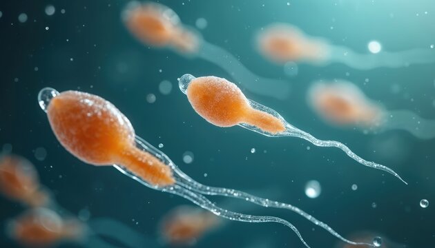 Close-up of human sperm cells swimming. Detailed view shows heads tails under microscope. Biological process of fertilization. Conception, insemination, reproduction, DNA, embryo.
