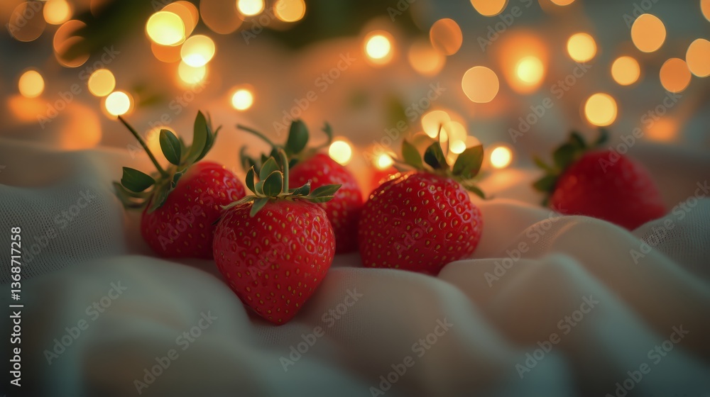 Poster fresh strawberries arranged on soft fabric with warm glowing lights in the background at evening