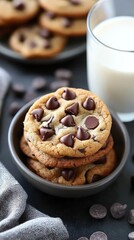 Chocolate chip cookies stacked in bowl, milk glass, dark background