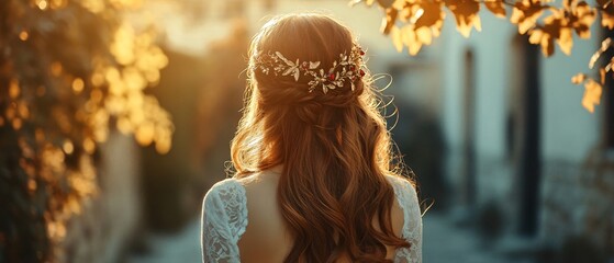 Deep Auburn Cascading Bridal Waves with Ruby Floral Headpiece, Wedding Courtyard. Copy space. Generative AI