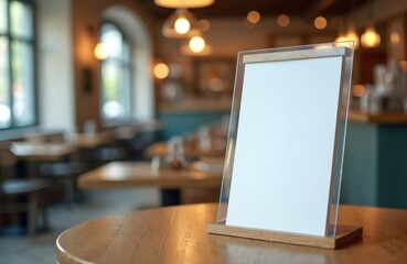 Mock up menu frame on restaurant table. Blank white tent card for cafe menu, special offers display. Blurred interior background. Bar or cafeteria branding template. Place for text, ads, information.