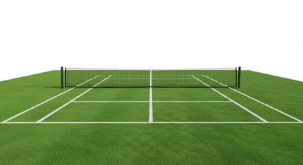 Fototapeta premium Green Tennis Court Isolated - A pristine green tennis court with a net, isolated on a white background. Perfect for sports, recreation, and fitness