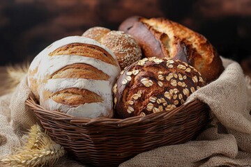 Freshly Baked Breads in a Rustic Basket on a Natural Background  
