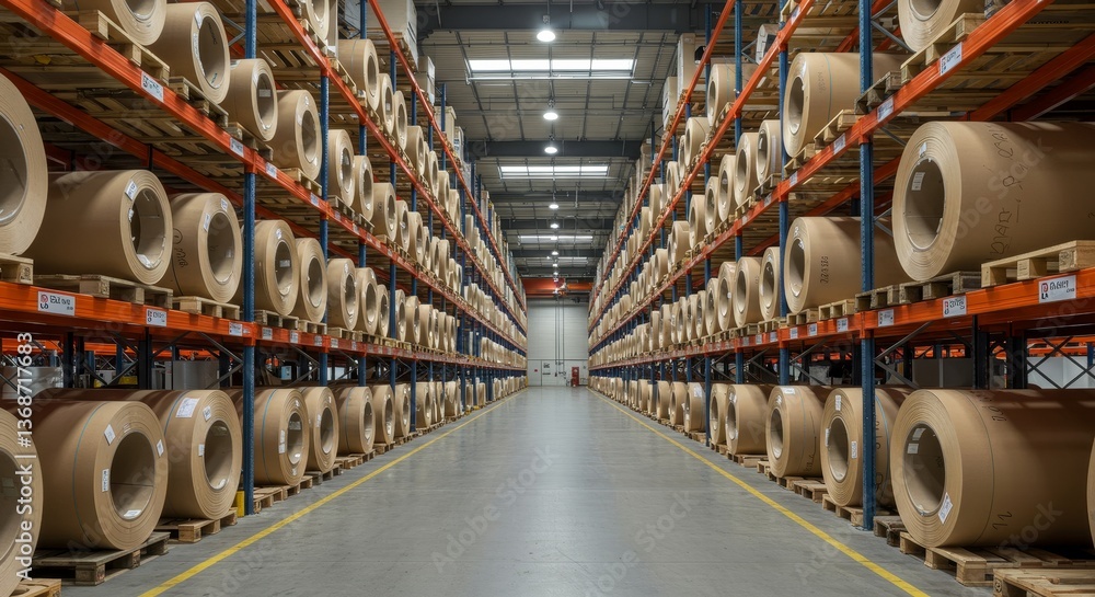 Poster industrial warehouse storage of material rolls - rows of large material rolls neatly stacked on high