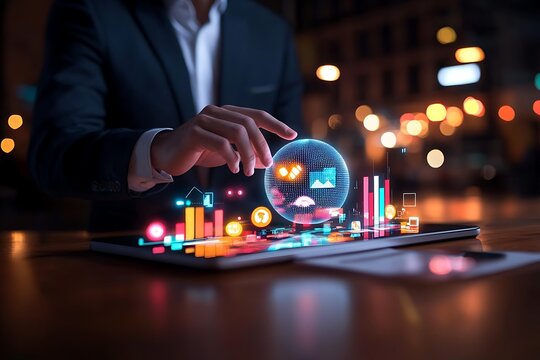 Businessman analyzing data on tablet.