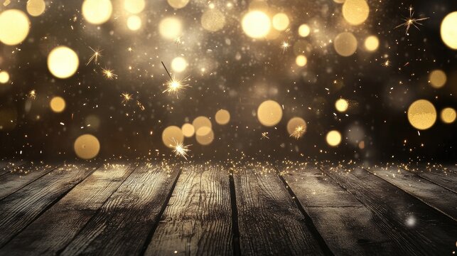 Fireworks and sparklers with bokeh lights on rustic wood texture, New Year 2025 party background - Powered by Adobe