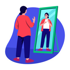 A character practicing speech in front of mirror, flat illustration