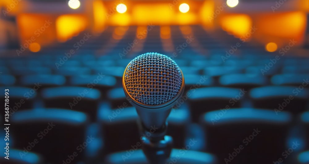Poster microphone positioned in an empty theater ready for a live performance at night