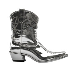 Reflective Silver Cowboy Boots with Curved Heels Isolated on Transparent Background