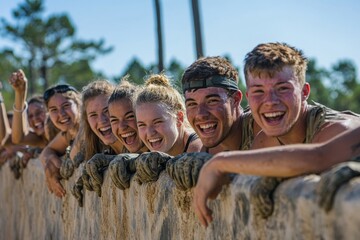 Cheering team at wall on boot camp obstacle course