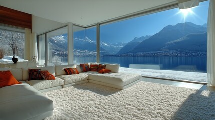 Cozy Modern Living Room With Lake View and Snowy Mountains in Winter