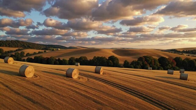 Golden hour over rolling wheat fields with dramatic clouds and harvested hay bales in scenic countryside