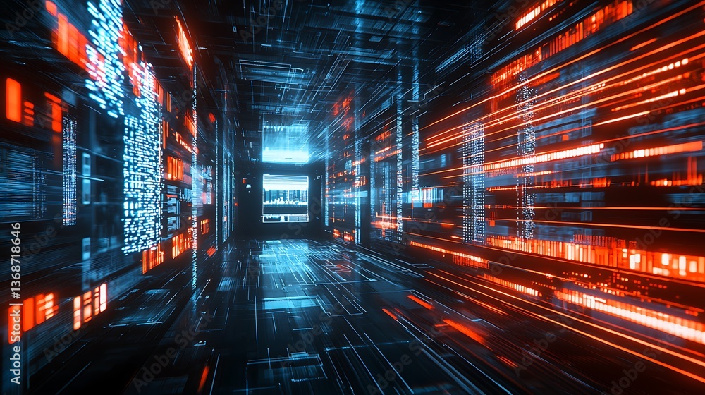 Poster futuristic data tunnel. dynamic digital code streams, neon glow, and abstract panels fill a corridor