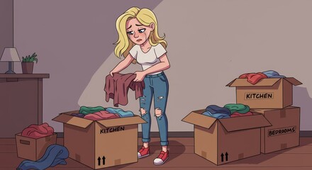 Sad Woman Packing Boxes for Moving - A young woman with blonde hair sits on the floor, sadly sorting through clothes and packing them into cardboard boxes labeled "Kitchen" and "Bedrooms."