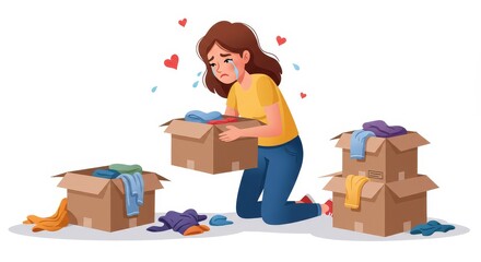 Sad Woman Packing Clothes - A young woman is kneeling, crying while packing her clothes into cardboard boxes, surrounded by scattered clothing