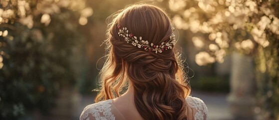 Deep Auburn Cascading Bridal Waves with Ruby Floral Headpiece, Wedding Courtyard. Copy space. Generative AI